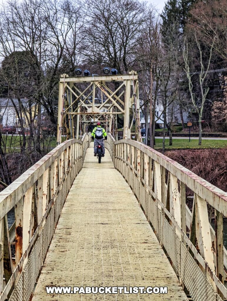 A person riding a bicycle in the middle of the Hyde Park Walking Bridge in Western Pennsylvania, seen from behind. The bridge features a yellow metal truss structure and a gridded metal walkway, with leafless trees and overcast skies in the background. The bridge's handrails on either side guide the eye towards the cyclist in the distance.