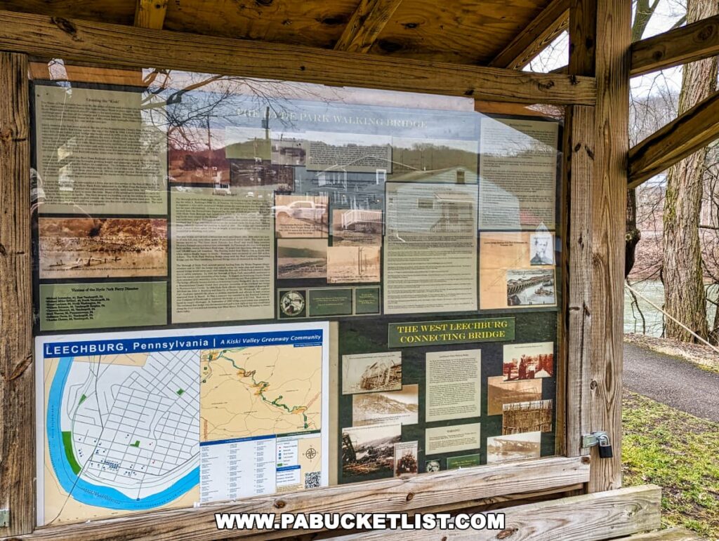 An informational kiosk with various posters and maps under a wooden shelter near the Hyde Park Walking Bridge in Western Pennsylvania. The display includes historical photos, descriptions of the bridge and its significance, a map of Leechburg, Pennsylvania, and a graphical representation of the local area. Trees and the river can be seen in the background, providing context for the location of the kiosk.