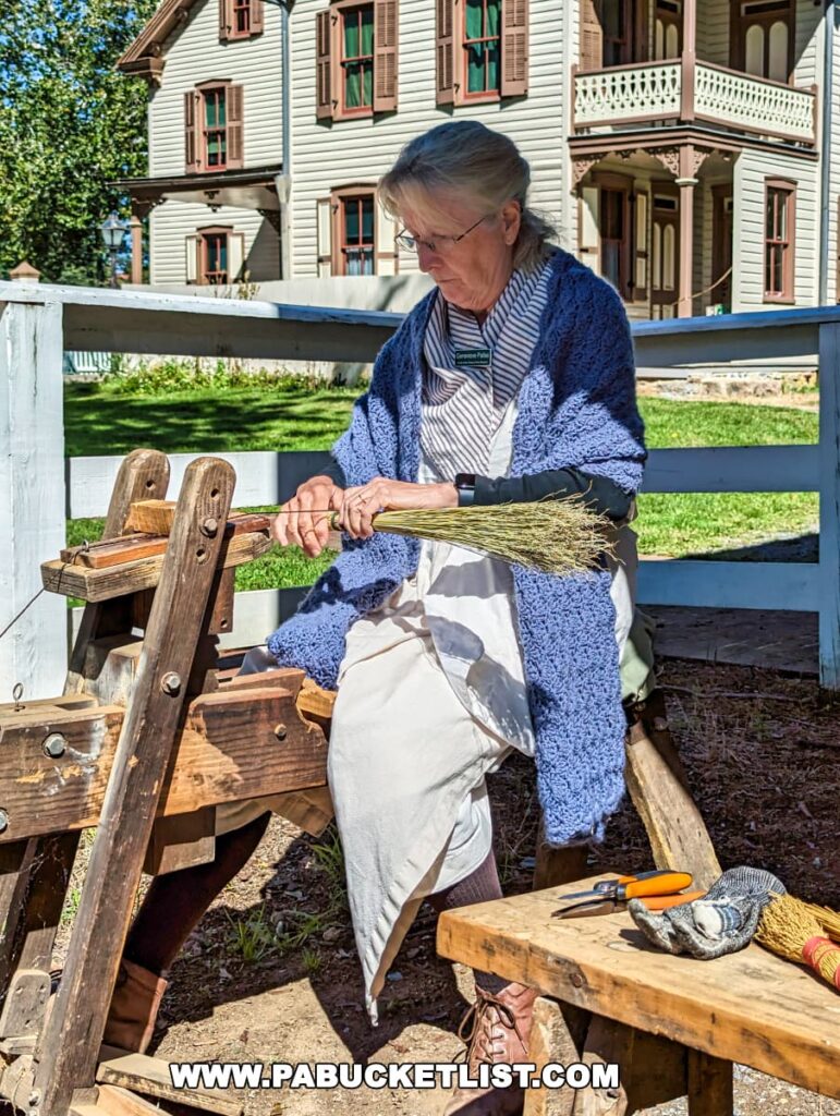 An elderly woman, focused on her craft, sits at a traditional broom-making workstation at the Landis Valley Museum in Lancaster County, Pennsylvania. She wears a blue knitted shawl over a period-appropriate dress and apron, and her hair is pulled back. In her hands, she is binding broomcorn straws to create a broom.