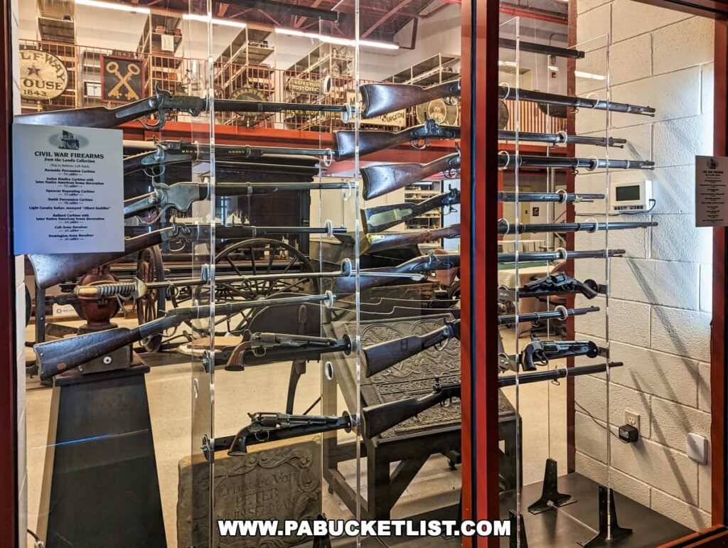 A display of Civil War-era firearms behind glass at the Landis Valley Museum in Lancaster County, Pennsylvania. The exhibit includes rifles and handguns mounted on stands, each piece accompanied by informational placards detailing its history and use.