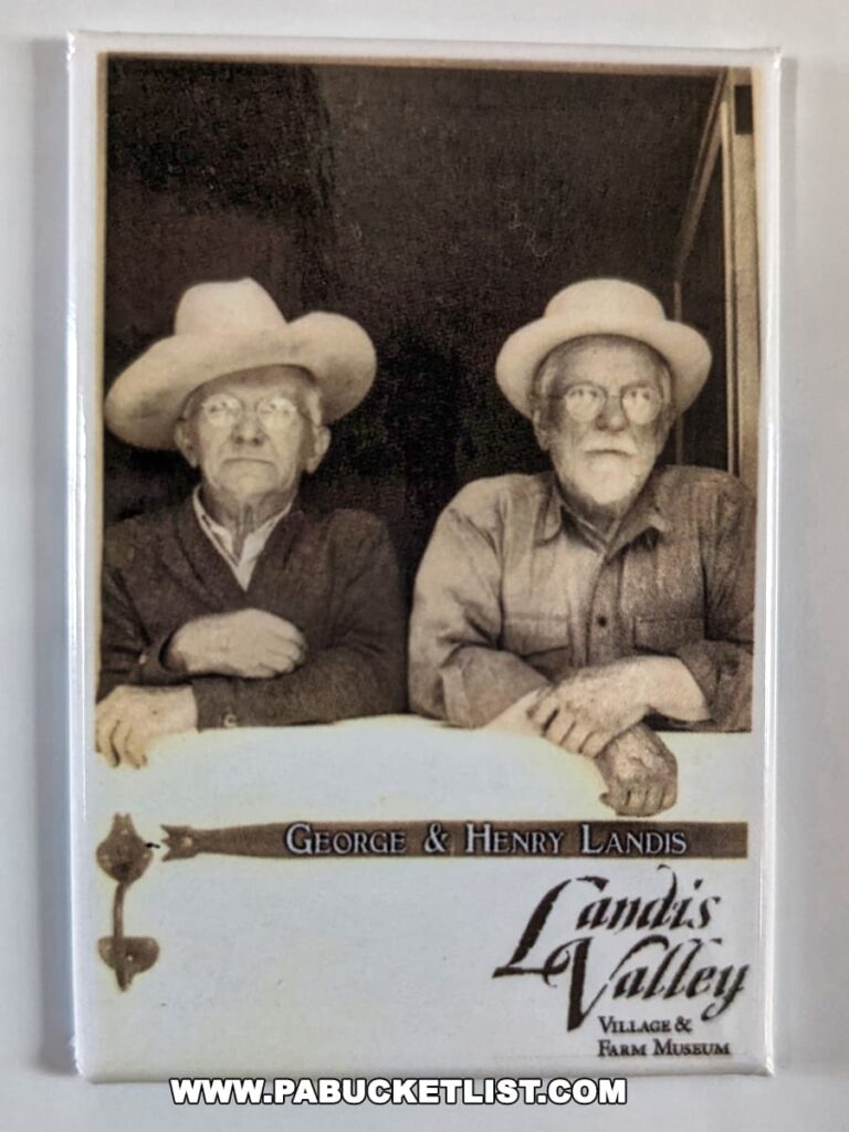 A photograph of George and Henry Landis, founders of the Landis Valley Village & Farm Museum, depicted in a sepia-toned portrait. Both gentlemen are wearing wide-brimmed hats and period attire, reflecting their historical significance.