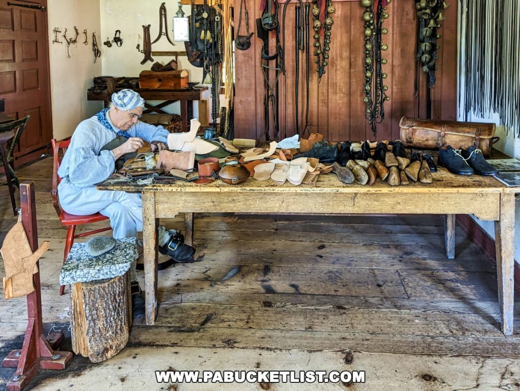 A craftsman in period attire working intently on leather goods at the Landis Valley Museum in Lancaster County, Pennsylvania. The scene is set in a rustic workshop with tools and materials neatly arranged. The artisan, wearing a traditional cap and glasses, is seated on a stool, focused on stitching a leather piece. Various leather products and shoes are displayed on the workbench, showcasing the craft of leatherworking.