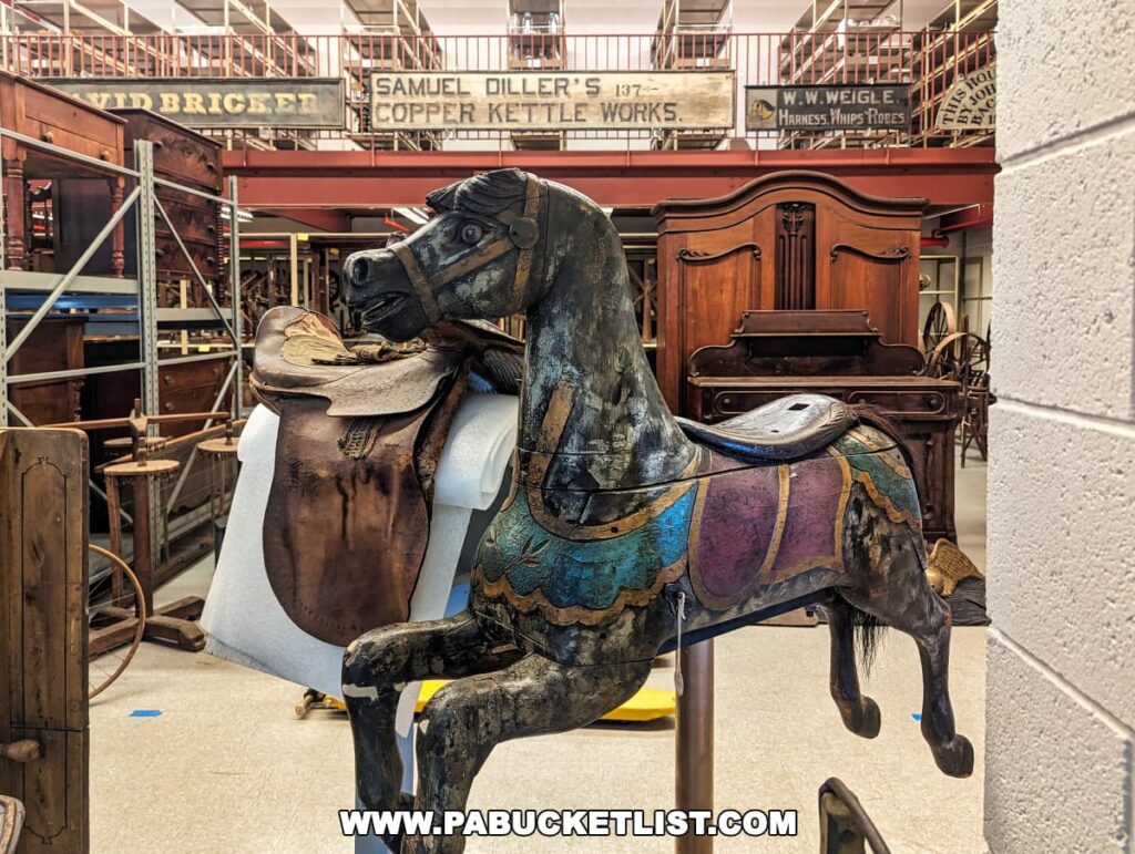 Antique painted wooden rocking horse displayed at the Landis Valley Museum in Lancaster County, Pennsylvania. The horse, featuring a dark base color with blue and purple painted embellishments, is equipped with a leather saddle and reins.