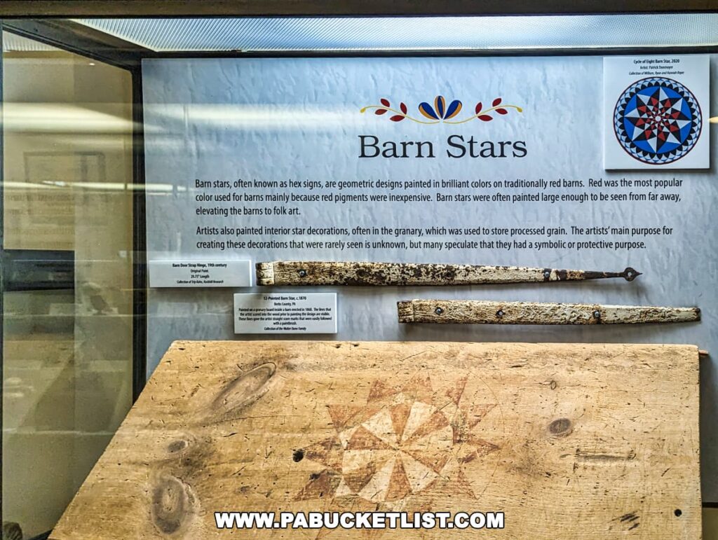 Exhibition on 'Barn Stars' at the Landis Valley Museum in Lancaster County, Pennsylvania, explaining the significance of geometric star designs on traditional barns.