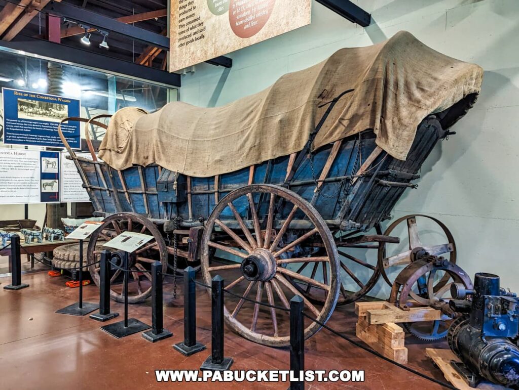 A large, antique covered wagon with a weathered canvas cover is on display at the Landis Valley Museum in Lancaster County, Pennsylvania. The blue-painted wooden wagon has large spoked wheels and is surrounded by various other historical farm equipment.