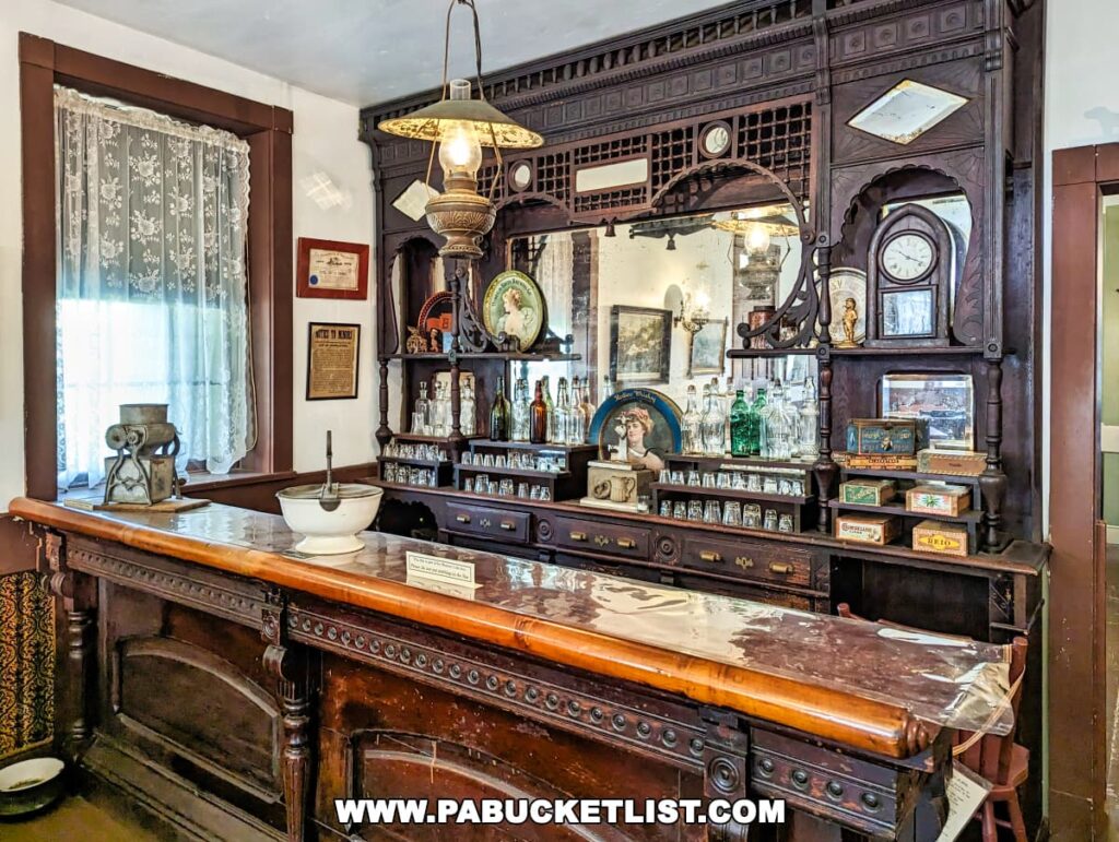 Inside the Landis Valley Museum in Lancaster County, Pennsylvania, an ornate wooden hotel bar from a bygone era is displayed. The bar is adorned with antique glass bottles, an old-fashioned telephone, a vintage cash register, and a classic wall mirror reflecting the room's historic charm.