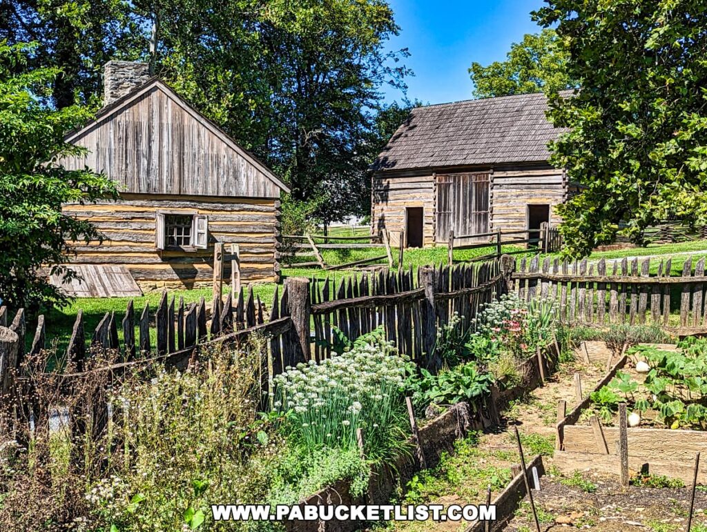 A rustic scene from the Landis Valley Museum in Lancaster County, Pennsylvania, showcasing a traditional log house with a stone chimney next to a split-rail fence enclosing a flourishing garden. Another log structure is visible in the background. The garden is brimming with a variety of plants and vegetables, indicating a historic approach to gardening.