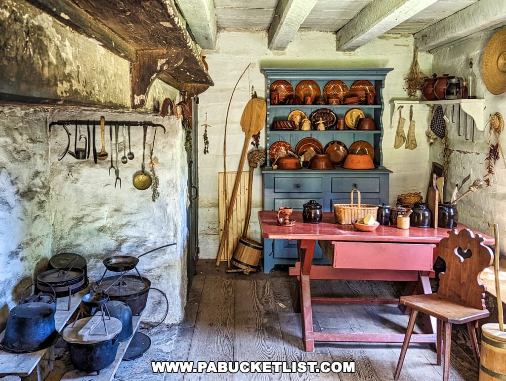A well-preserved log house kitchen inside the Landis Valley Museum in Lancaster County, Pennsylvania, featuring historic cooking utensils hanging beside a large hearth. A rustic wooden table with a red tabletop is set with ceramic jugs and a basket, and a wooden hutch displays a collection of earthenware pottery.