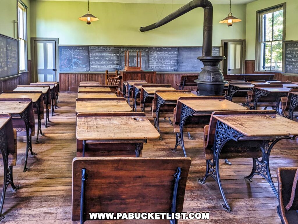 Interior view of a historic one-room schoolroom at Landis Valley Museum in Lancaster, Pennsylvania. The room is lined with black chalkboards filled with writing, and rows of antique wooden desks with wrought iron legs. A large black cast iron stove sits in the center, with a stovepipe extending to the ceiling. The room is illuminated by natural light from tall windows and a hanging pendant lamp. The floor is made of hardwood planks.