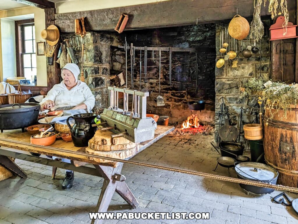 Inside a historic tavern at the Landis Valley Museum in Lancaster, Pennsylvania, a woman in traditional early American attire is preparing food at a wooden table. The rustic kitchen features a large open hearth with a roaring fire, cast iron pots, and hanging utensils. Around the room are various colonial cooking implements, baskets, dried herbs, and a stone wall. The scene offers a glimpse into culinary practices of the past.