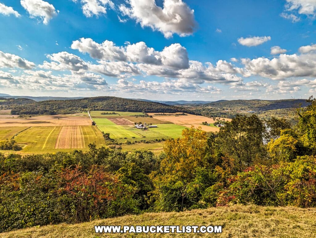 Expansive view from the Marie Antoinette Scenic Overlook in Bradford County, Pennsylvania, showcasing rolling farmland with patterned fields, a farmstead in the center, and wooded hills in the distance. A river meanders through the landscape under a vast sky dotted with cumulus clouds.