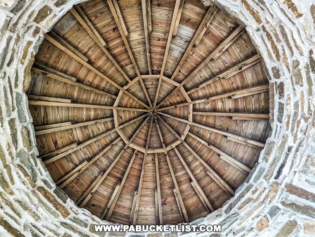 Interior view of a conical wooden roof structure, with radial beams converging at the center, seen from below. The rustic appearance is accentuated by the natural color of the wood and the stone wall edge visible at the bottom.