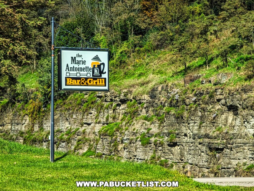 Signpost for 'The Marie Antoinette Bar & Grill' located near the Marie Antoinette Scenic Overlook in Bradford County, Pennsylvania.
