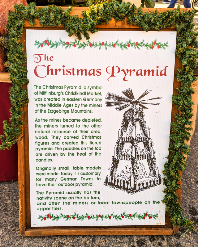 Informational sign explaining the history of the Christmas Pyramid, a traditional German festive decoration, adorned with a simple illustration and surrounded by a festive green garland with red berries.