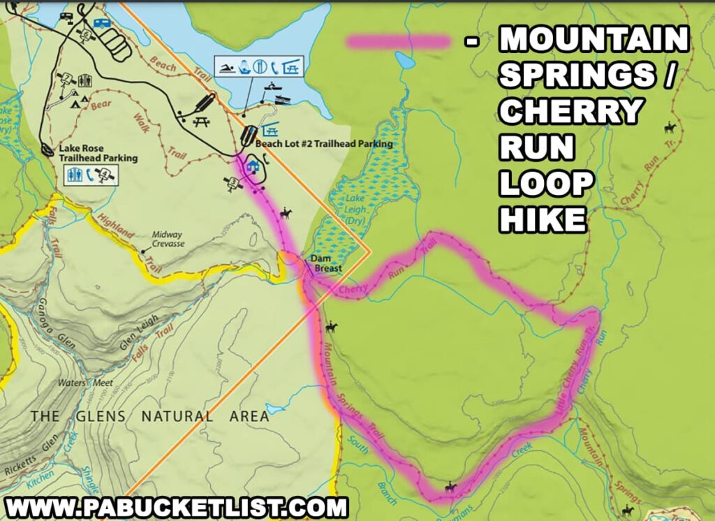 The Mountain Springs - Cherry Run Loop Hike highlighted on a Ricketts Glen State Park map.