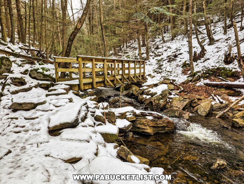 A wooden bridge crosses Little Cherry Run Trail amidst a winter setting in Ricketts Glen State Park. The bridge, with its sturdy railings, provides a crossing over the stream, which flows gently through the snow-dotted landscape. Large, flat rocks and boulders line the creek, some peeking through the snow, showing signs of the cold yet tranquil environment. Bare trees arch over the scene, completing this picturesque winter tableau.