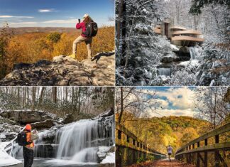 Collage of four seasonal outdoor scenes in Fayette County, Pennsylvania, showcasing a hiker photographing the autumn foliage, Fallingwater house surrounded by winter snow, a photographer capturing a frozen waterfall, and a person jogging on a wooden bridge amidst vibrant fall colors.
