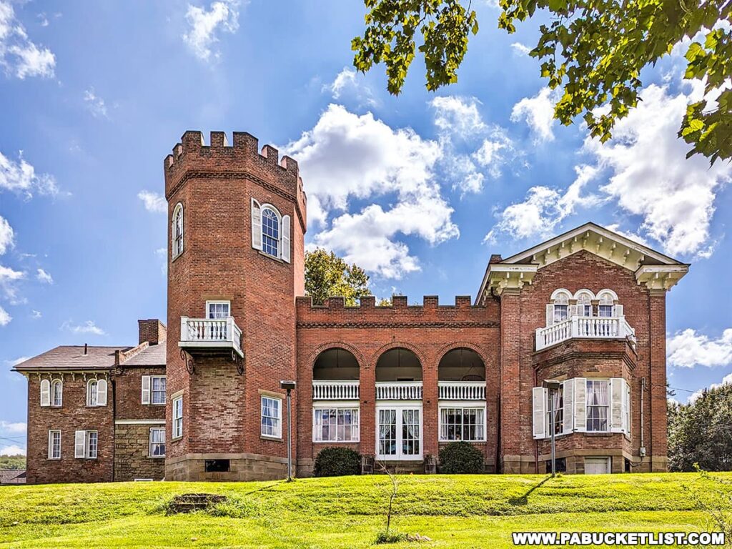 Exterior view of the historic Nemacolin Castle in Fayette County, Pennsylvania, featuring its distinctive brick tower, arched porches, and green lawn under a blue sky with clouds.