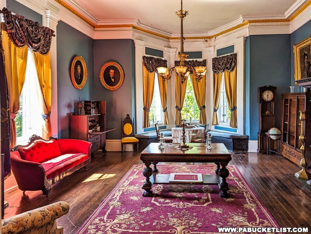 Interior of a room in Nemacolin Castle, Fayette County, Pennsylvania, with Victorian-style decor, including a red upholstered couch, ornate gold and crystal chandelier, heavy drapery, portraits in oval frames on blue walls, dark wood furniture, and a purple rug, illuminated by natural light.