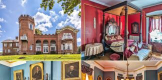 A four-image montage of Nemacolin Castle in Fayette County, Pennsylvania, featuring 1) The castle's historic red-brick exterior with a distinctive turret, 2) A luxurious bedroom with a four-poster bed and rich red walls, 3) A classic library with a fireplace and bookcases, and 4) An elegant parlor with blue walls, heavy gold drapes, and a large central table, all showcasing the interior and exterior grandeur of the estate.