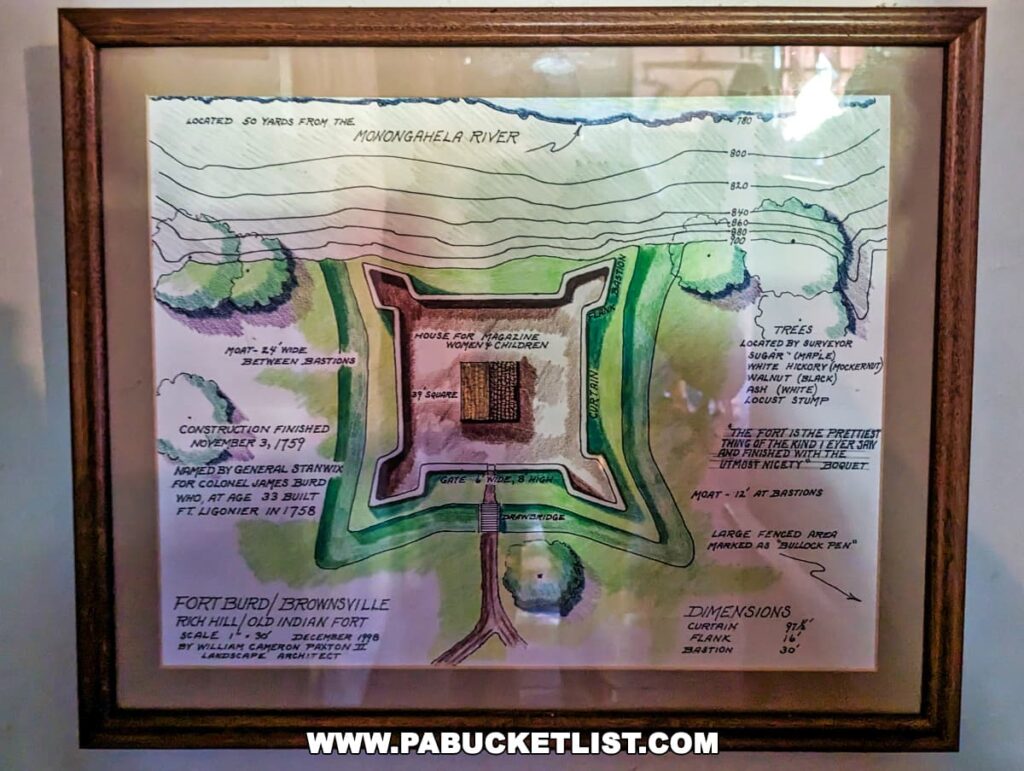 Framed hand-drawn map of Fort Burd (Brownsville) with annotations, located near Nemacolin Castle in Fayette County, Pennsylvania, detailing historical information, including completion date of November 3, 1759, types of local trees, and landscape features.