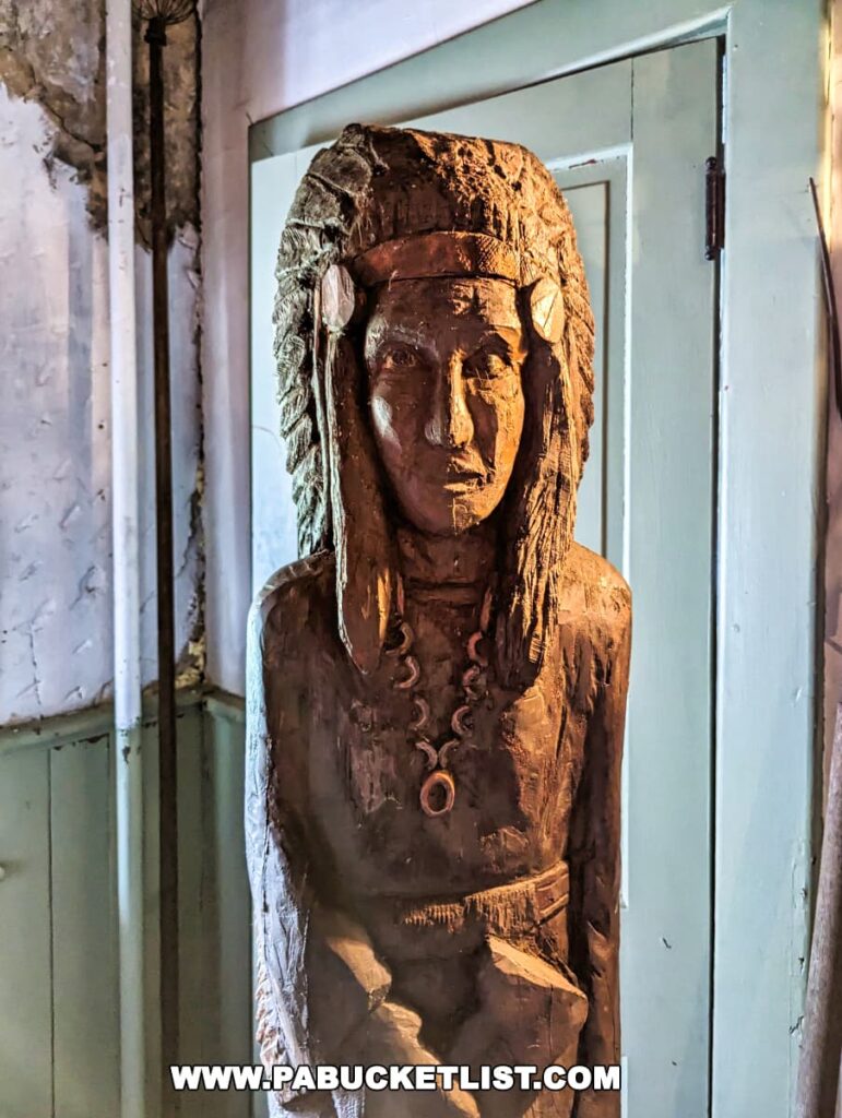 A wooden sculpture of a Native American Chief Nemacolin.