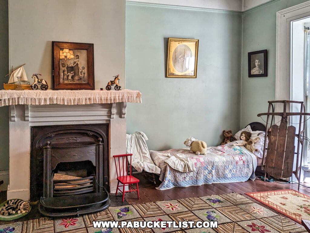 Vintage children's room with a cast iron fireplace, antique toys on the mantelpiece, a single bed with patchwork quilt and stuffed toys, a small red chair, and a wooden sled.