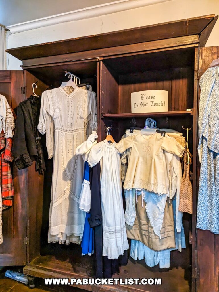 Open wooden wardrobe displaying a collection of historical garments, including dresses and children's clothing, with intricate lace and embroidery details, at Nemacolin Castle in Fayette County, Pennsylvania.