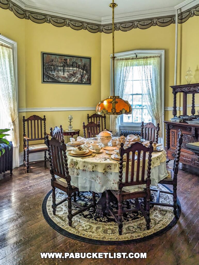 Elegantly set vintage dining room with a wooden table, chairs, and decorative overhead lamp at Nemacolin Castle, showcasing period-style décor with a framed painting on the wall, all in a room with light yellow walls and lace curtains.