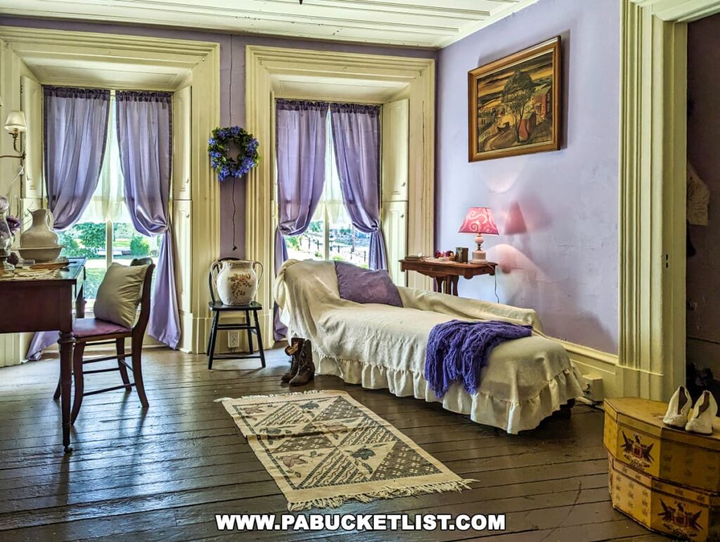 Vintage bedroom interior at Nemacolin Castle with lavender drapes, a chaise lounge, wooden floor, antique furnishings, and decorative items, highlighted by natural light.