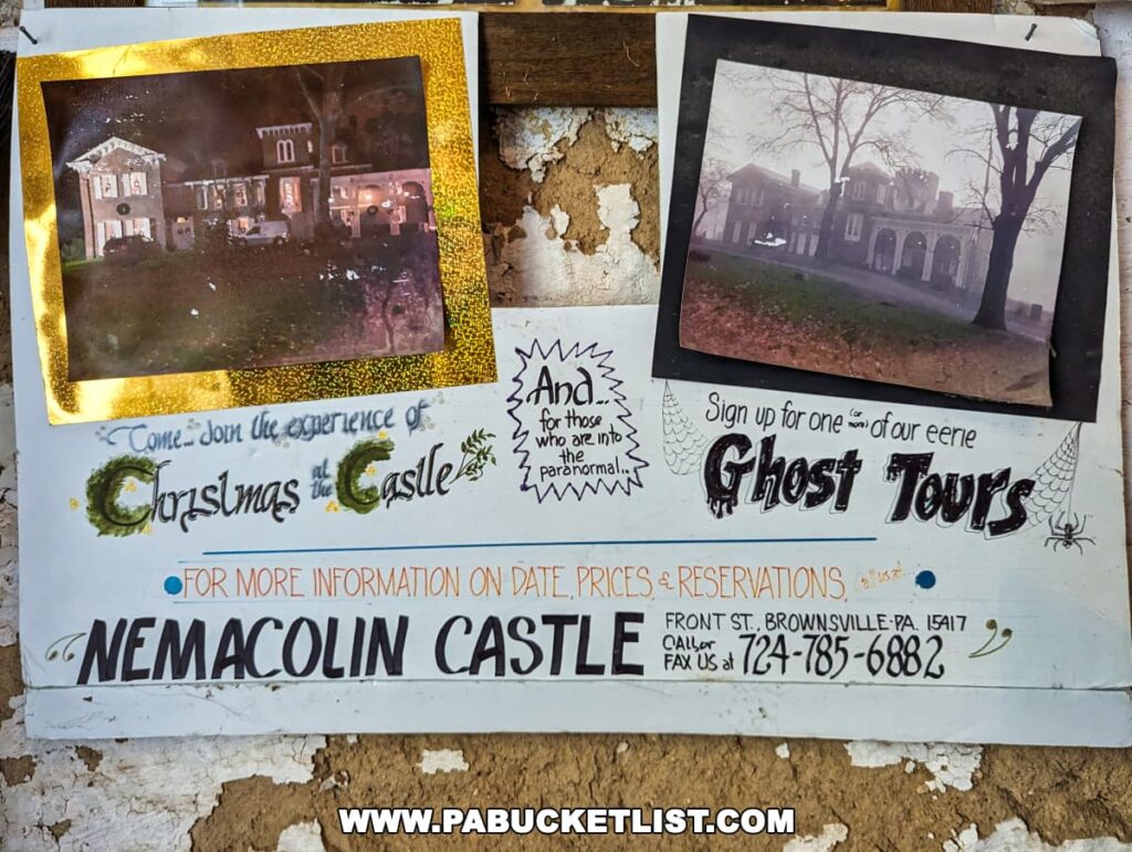A collage of promotional materials for events at Nemacolin Castle in Fayette County, Pennsylvania, featuring two Polaroid images of the castle with decorative borders—one highlighting Christmas at the Castle and the other advertising Ghost Tours. Below the photos is information on event dates, prices, and reservations, with contact details for the castle.