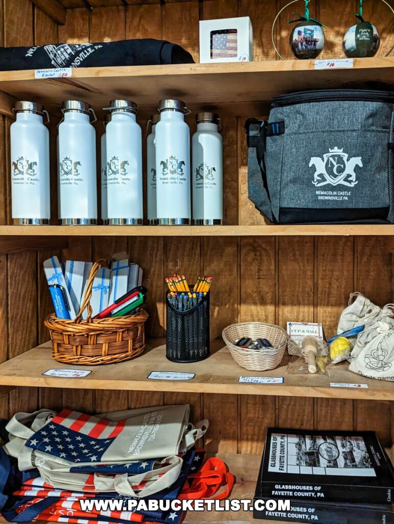 Merchandise display at Nemacolin Castle gift shop in Fayette County, Pennsylvania, featuring branded water bottles, a tote bag, a blanket, ornaments, books on local history, and souvenirs such as pens and flags, all arranged on wooden shelves.