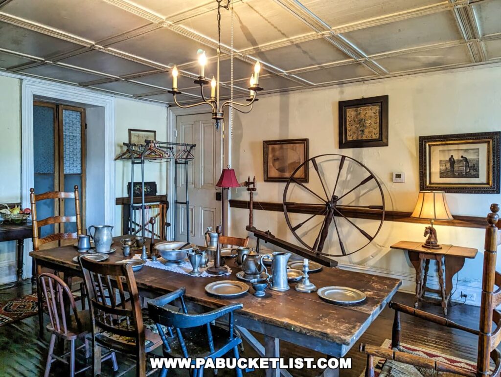 Historic dining room display inside Nemacolin Castle in Fayette County, Pennsylvania, with antique furniture, a set table with pewter dishes, framed artworks on the walls, and a large spinning wheel, all under a lit chandelier.