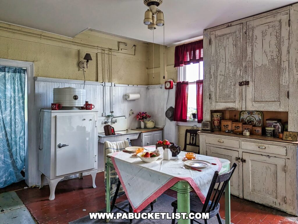 Vintage kitchen setup at Nemacolin Castle in Fayette County, Pennsylvania, featuring a white icebox, a stove, distressed cabinets, and a table set for a meal with fruit and tea, complemented by retro décor and curtains.