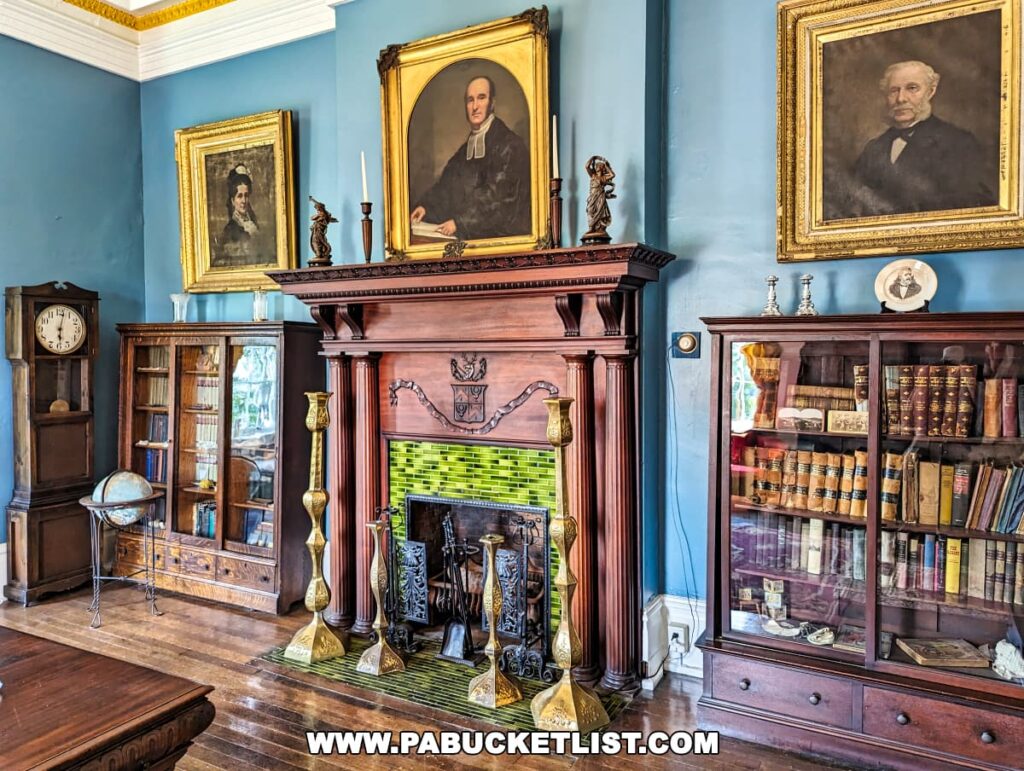 Elegant historical room at Nemacolin Castle in Fayette County, Pennsylvania, with a grand fireplace, vintage portraits in golden frames, an antique clock, globe, and bookshelf filled with old books, all showcasing 19th-century décor.