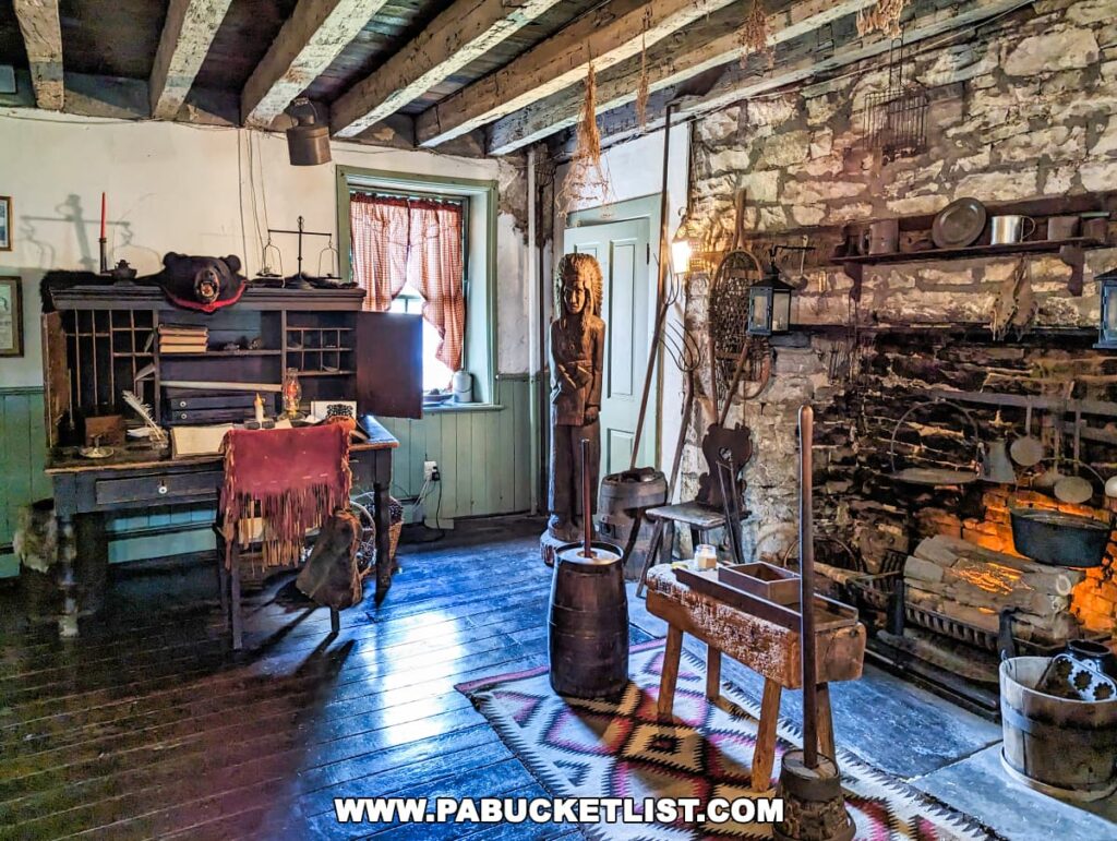 Historic kitchen interior at Nemacolin Castle with exposed stone walls, open hearth fireplace, rustic furniture, and vintage utensils.
