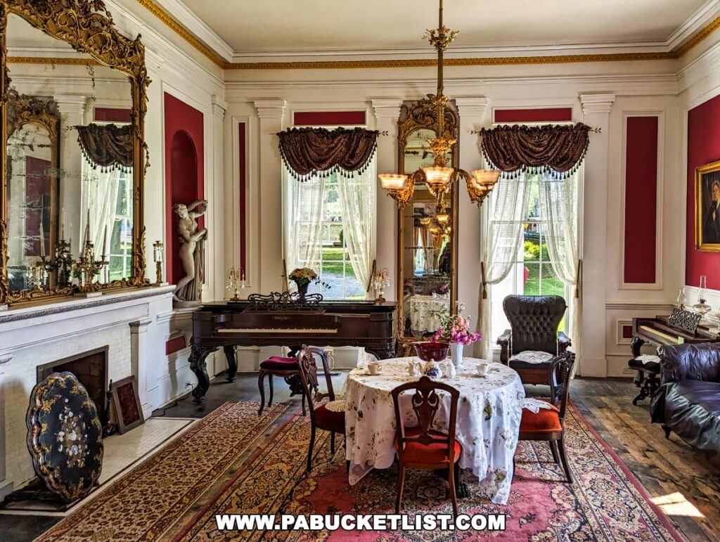 Elegant Victorian-era dining room at Nemacolin Castle, featuring ornate mirrors, chandeliers, a fireplace with a white mantel, red walls, heavy drapery, and antique furnishings.