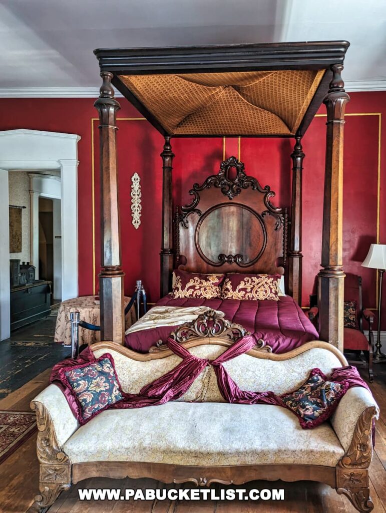 Opulent Victorian bedroom at Nemacolin Castle with a four-poster canopy bed, rich burgundy beddings, an ornate headboard, a vintage chaise lounge, and red walls with gold trim.
