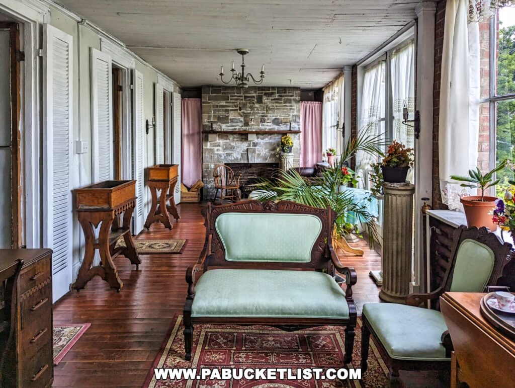 Interior view of a sunlit enclosed porch at Nemacolin Castle in Fayette County, Pennsylvania, with antique wooden furniture, ornate tables, green upholstered chairs, a stone fireplace, potted plants, lace curtains, and a view of the surrounding greenery.