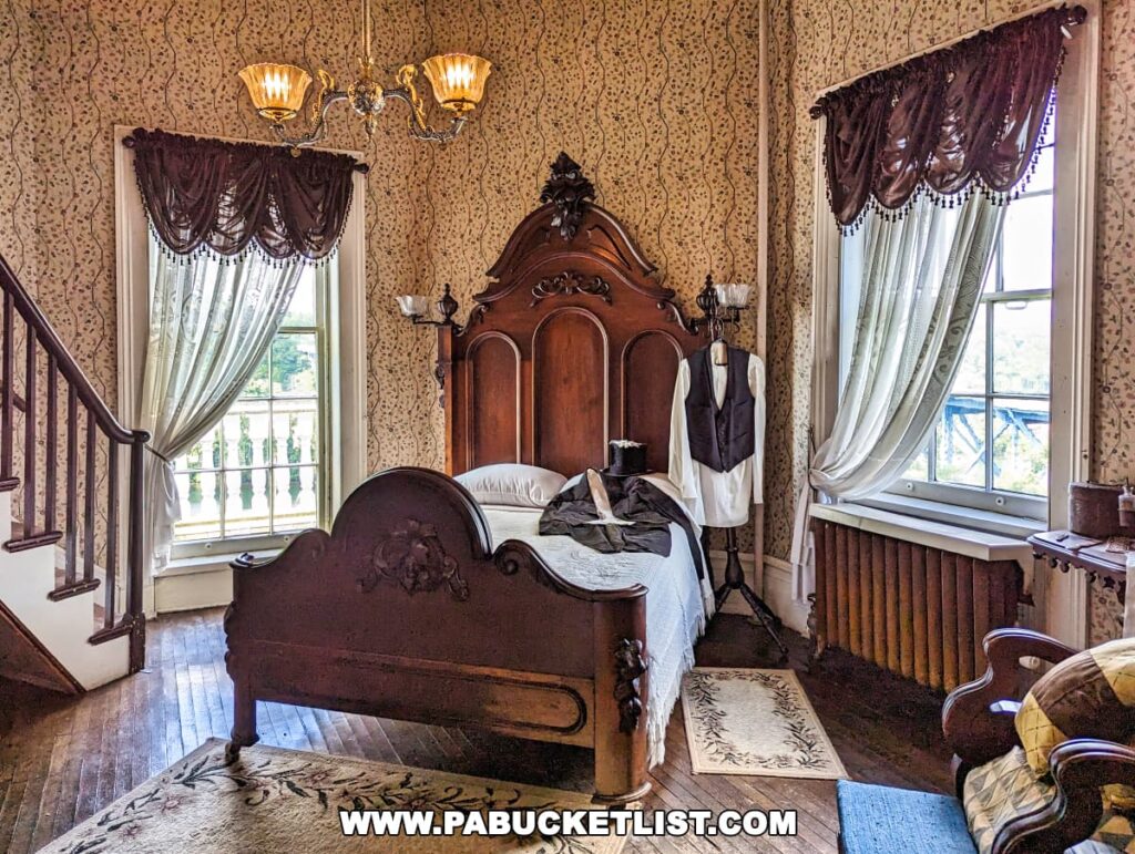 Vintage bedroom interior at Nemacolin Castle, Fayette County, Pennsylvania, featuring an ornate wooden bed, patterned wallpaper, heavy drapery, period-appropriate garments on a mannequin, and a chandelier.