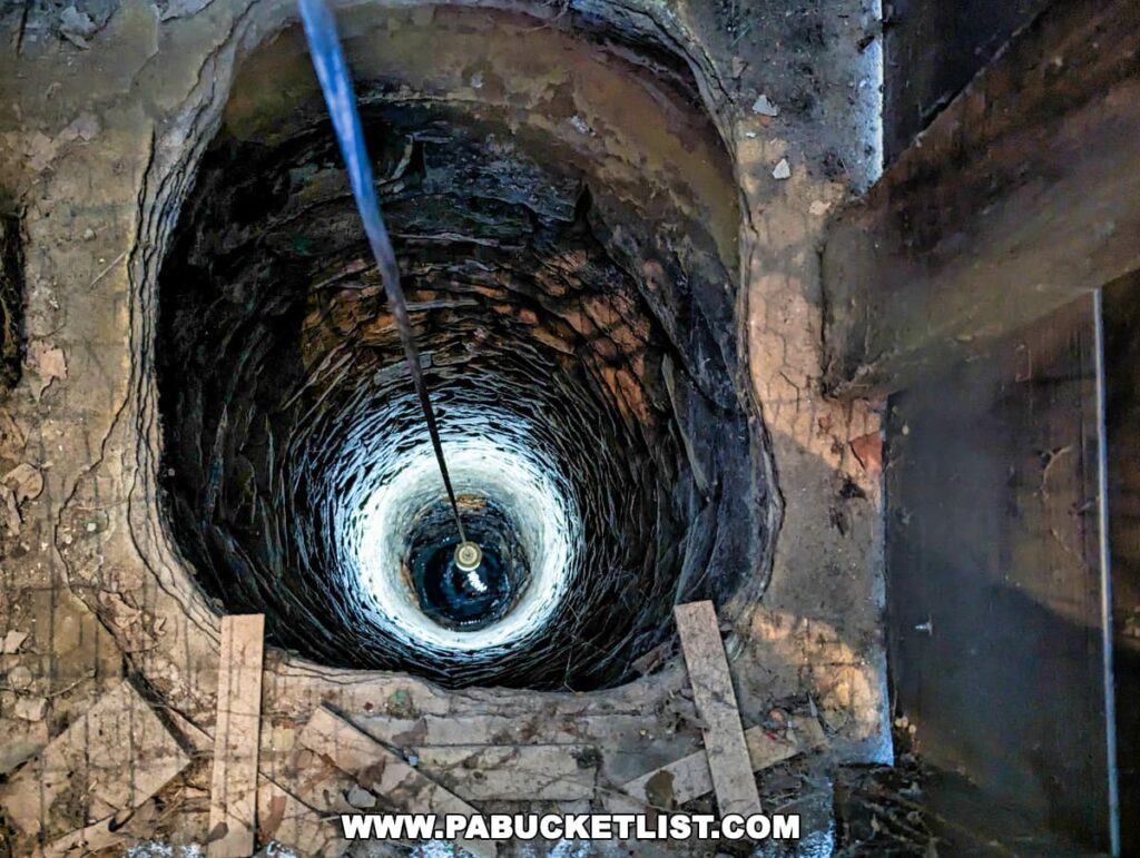 Looking down into a deep, ancient well within the Nemacolin Castle, with visible stonework and a modern light hanging down the center, showcasing the depth and construction.