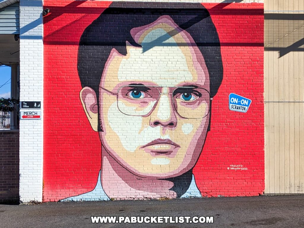 A large mural painted on the side of a building, featuring a detailed, colorful portrait of Dwight Schrute from The Office against a split red and white background. The text 'THE OFFICE MERCH' appears on a sign to the left, and stickers with 'ON-ON SCRANTON' are on the right side of the mural.