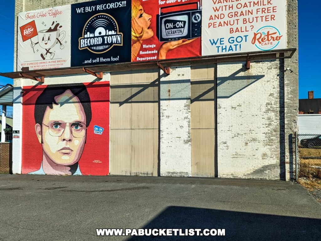 A vibrant street scene featuring a large mural of Dwight Schrute on the side of a building. Above the mural, several retro-style advertisements are visible.