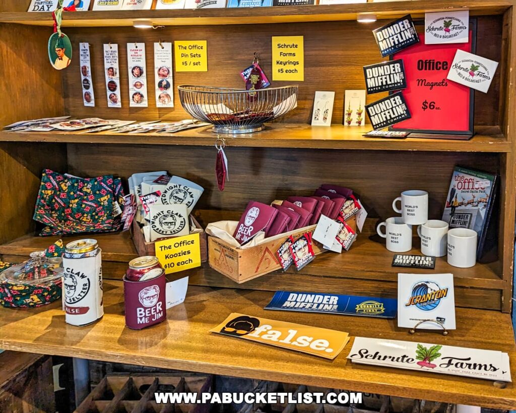 A display shelf filled with merchandise themed around the television show 'The Office' at the On and On Vintage Marketplace. Items include 'Dunder Mifflin' koozies, mugs labeled 'World's Best Boss', pin sets, keyrings, magnets, and a sign for 'Schrute Farms'. There are also can coolers with slogans like 'BEER ME JIM' and a 'Pretzel Day' themed mug.