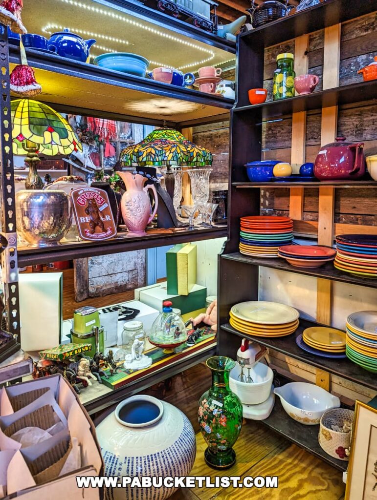 A detailed view of a vintage store shelf at the On and On Vintage Marketplace filled with an assortment of items including ceramic teapots, bowls, and plates in various colors, ornate stained glass lamps, and a 'Yuengling Beer' tin sign. The shelves are set against a rustic wood background, adding to the antique charm. Various glassware, a green glass vase, and small figurines are also visible, creating a treasure trove of nostalgia.