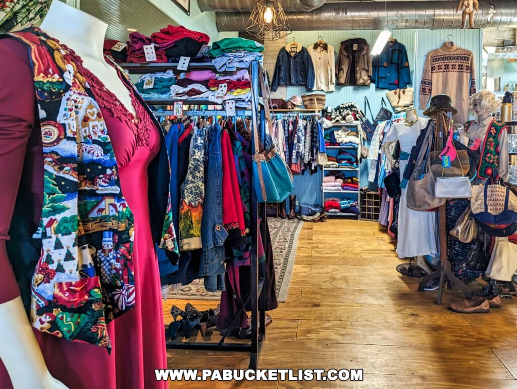 A boutique interior at the On and On Vintage Marketplace displaying a diverse selection of clothing and accessories. Mannequins dressed in colorful vintage dresses are featured in the foreground, while racks of assorted clothing and shelves filled with folded garments line the background. Various styles of jackets are hung on the wall, and an assortment of bags is displayed on a stand. The shop exudes a cozy and eclectic atmosphere with wooden floors and warm lighting.