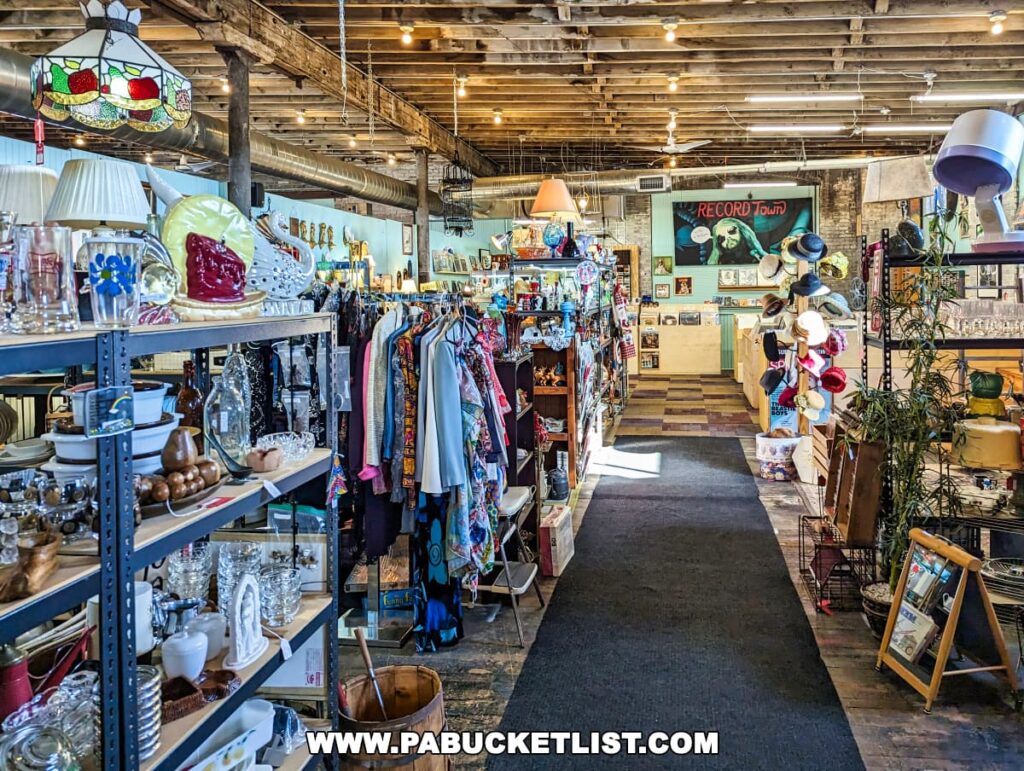 Interior of the On and On Vintage Marketplace in Scranton, Pennsylvania, featuring a wide aisle flanked by shelves and racks filled with various vintage items. On the left, shelves display glassware, ceramics, and stained-glass lamps, while on the right, clothing racks offer a variety of garments. The exposed wooden beams on the ceiling add rustic charm to the space. In the background, a large 'RECORD TOWN' poster adds a pop of color.