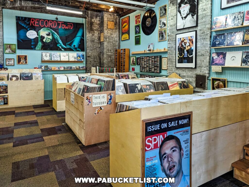 A section of the On and On Vintage Marketplace dedicated to music, with wooden crates filled with vinyl records in the foreground. A large 'RECORD TOWN' banner hangs on the wall above framed pictures and album covers. On the right wall, there are additional framed photographs and a 'SPIN' magazine cover. The space has a retro vibe with its patterned carpet and brick wall accents.