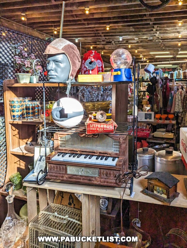 An eclectic display at the On and On Vintage Marketplace with a variety of items, including a mannequin head wearing a knit cap, a vintage keyboard on a shelf, and a clear spherical lamp on top. In the background, more quirky items and clothing can be seen, as well as a red vintage gumball machine. The shop features a rustic interior with exposed wooden beams on the ceiling, enhancing the vintage feel of the setting.