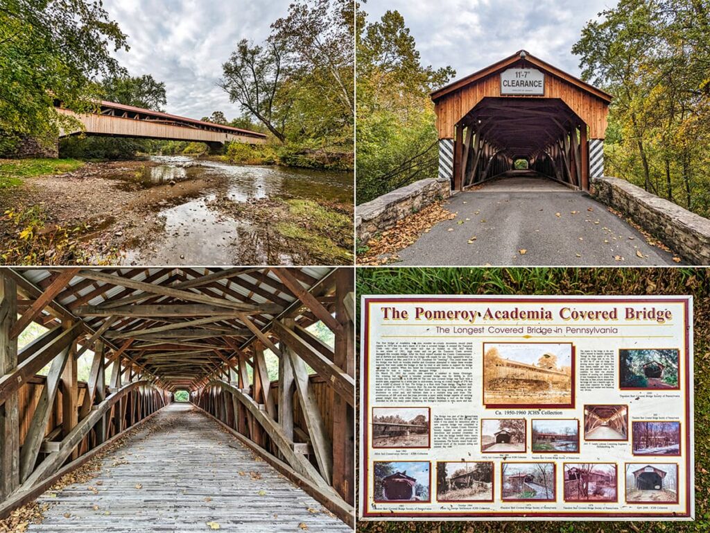 A collage of four images of the Pomeroy-Academia Covered Bridge in Juniata County, Pennsylvania. The top left photo shows the bridge from a distance over a creek. The top right is the entrance with a '11-7 FT CLEARANCE' sign. The bottom left image captures the interior wooden truss structure. The bottom right displays an informative plaque with historical details and images, stating it as the longest covered bridge in Pennsylvania.